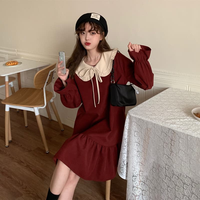 新作レディース 襟付きフリル長袖コーデュロイワンピース