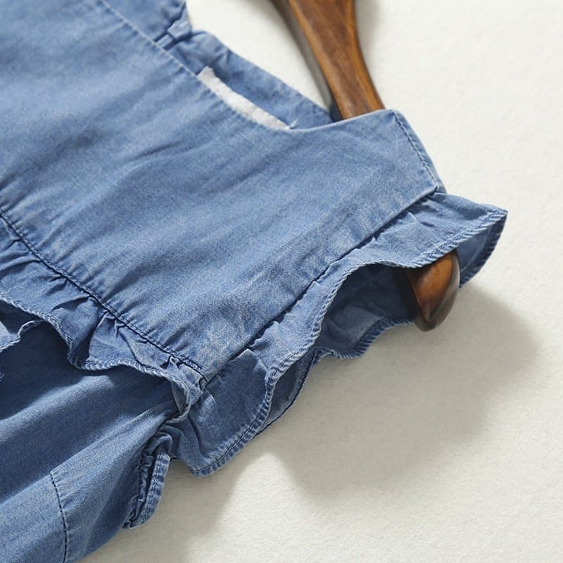 フリルワンピース切替デニム調ノースリーブ