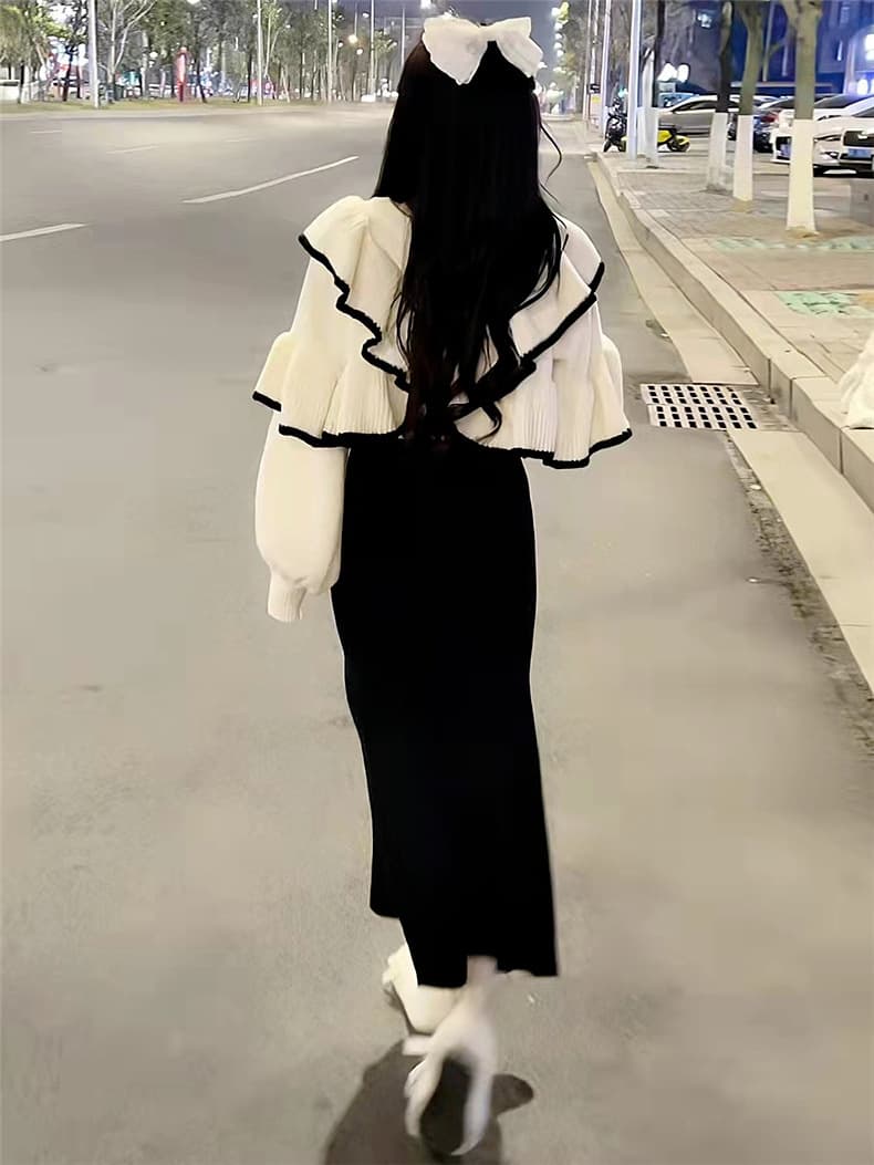フリルブラウス×ロングスカート 上下セット 韓国風