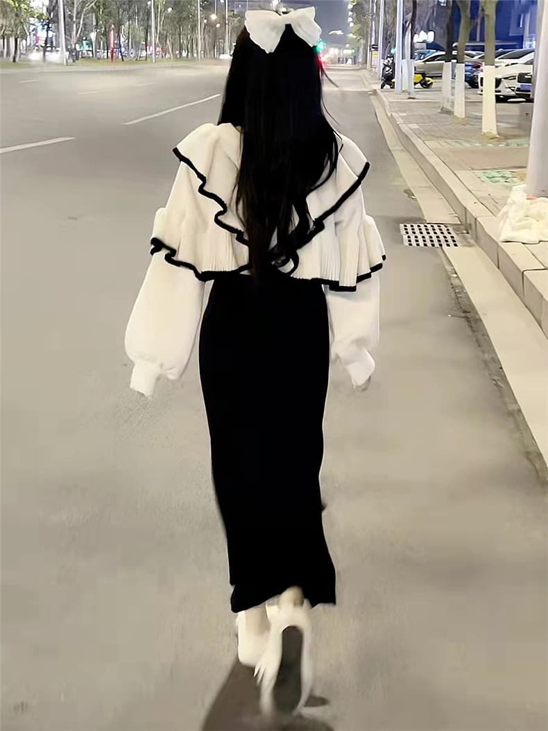 フリルブラウス×ロングスカート 上下セット 韓国風