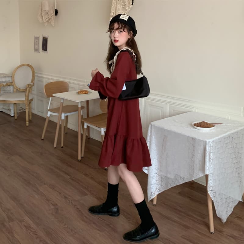 新作レディース 襟付きフリル長袖コーデュロイワンピース