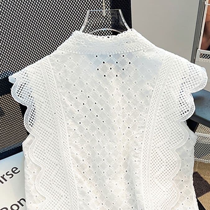 刺繍フリル袖ブラウス 透かし編みレース襟付き