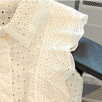 刺繍フリル袖ブラウス 透かし編みレース襟付き