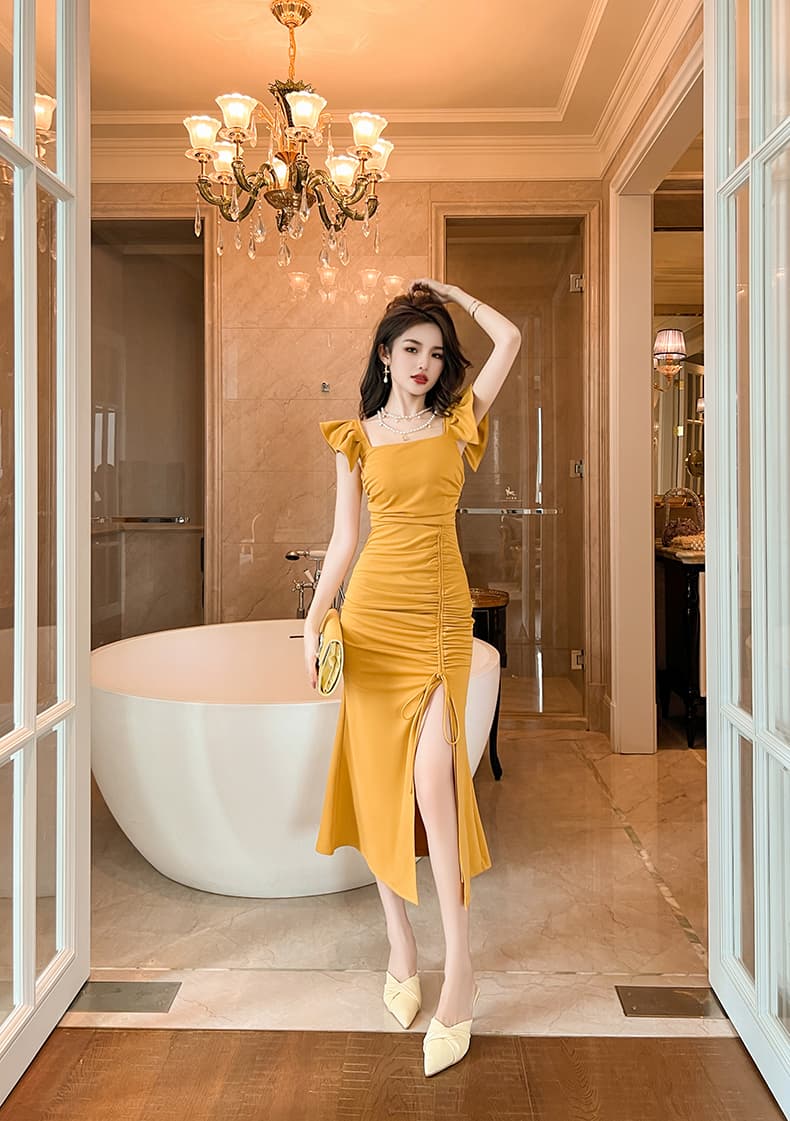 フリル スリットロングワンピース